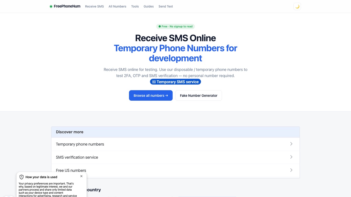 FreePhoneNum.com 官网页面截图