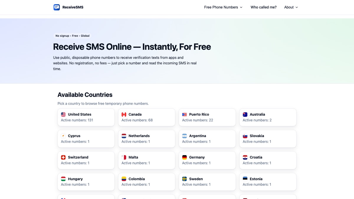 ReceiveSMS.co 官网页面截图
